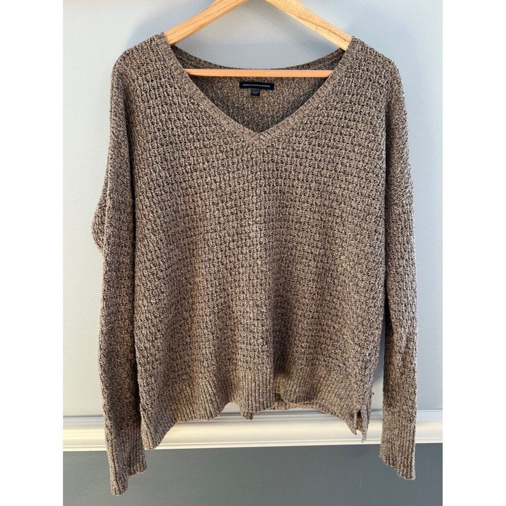 American Eagle Oversized Knit Sweater Medium Slouchy V Neck Cozy Neutral